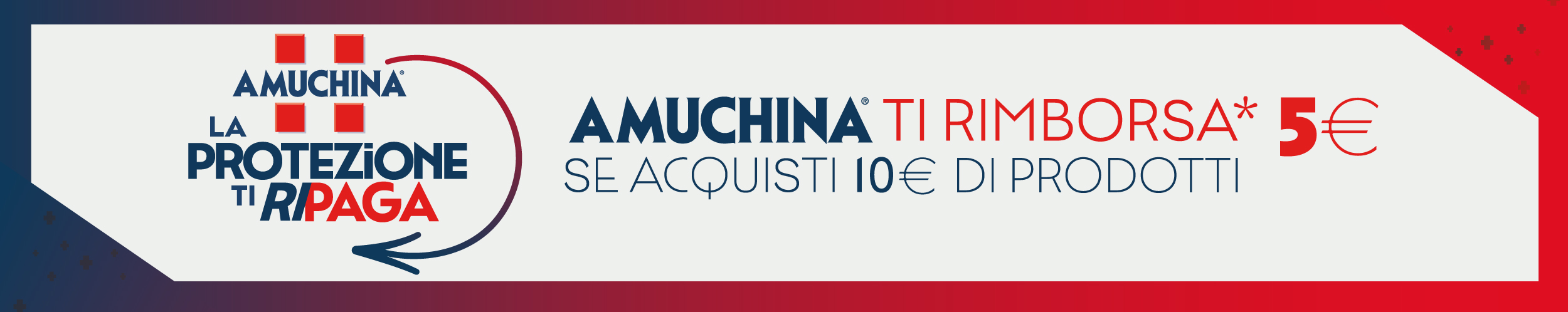 Immagine desktop che spiega la meccanica del concorso: Con l'acquisto 10€ di prodotti Amuchina ricevi il rimborso di 5€