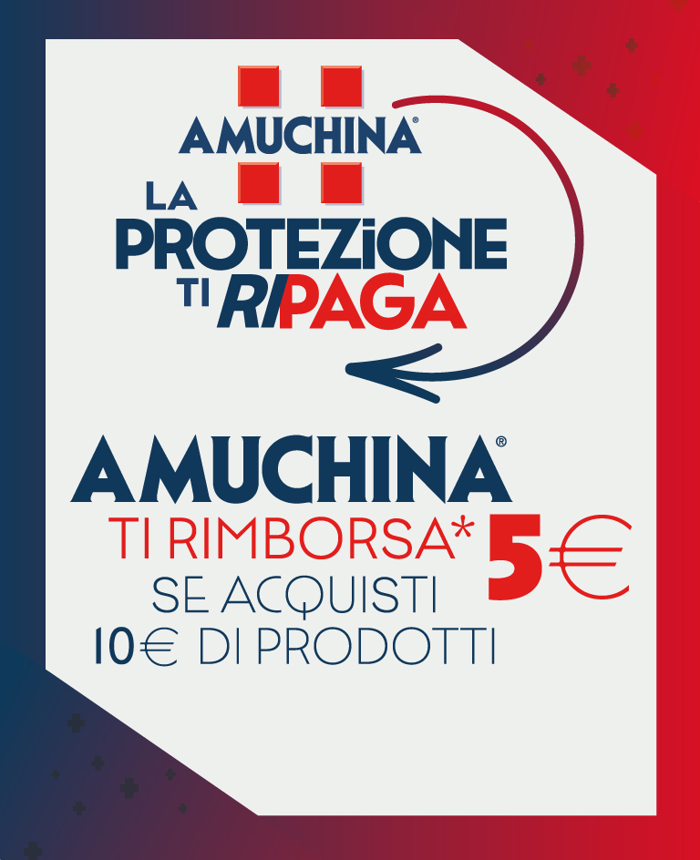 Immagine smartphone che spiega la meccanica del concorso: Con l'acquisto 10€ di prodotti Amuchina ricevi il rimborso di 5€